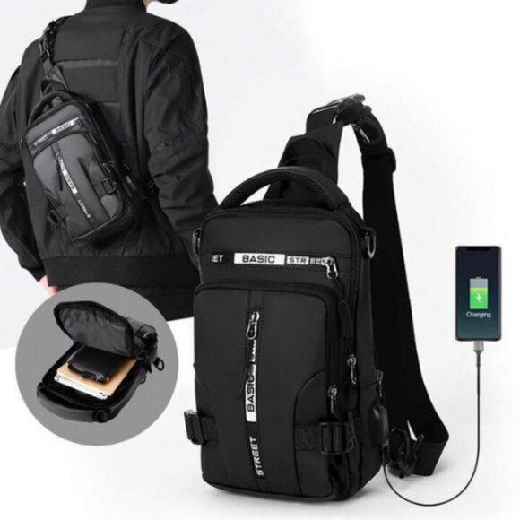 Men's Sling Crossbody Bag Anti-theft Chest Shoulder Messenger BackPack USB Port - Picture 1 of 3